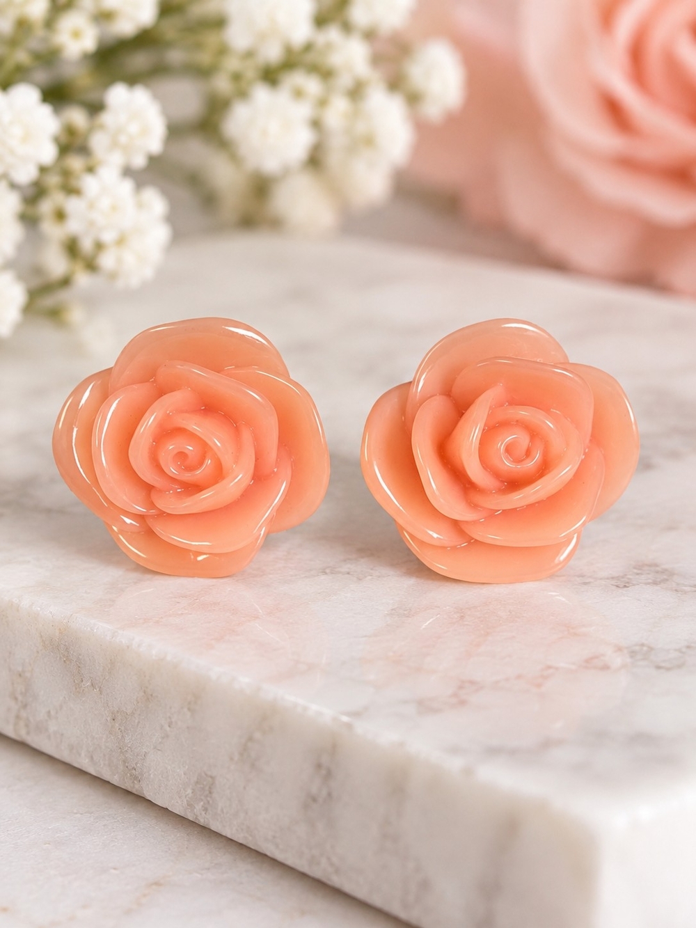 Peach Rose Flower Stud Earrings • Pink Floral Statement Earrings